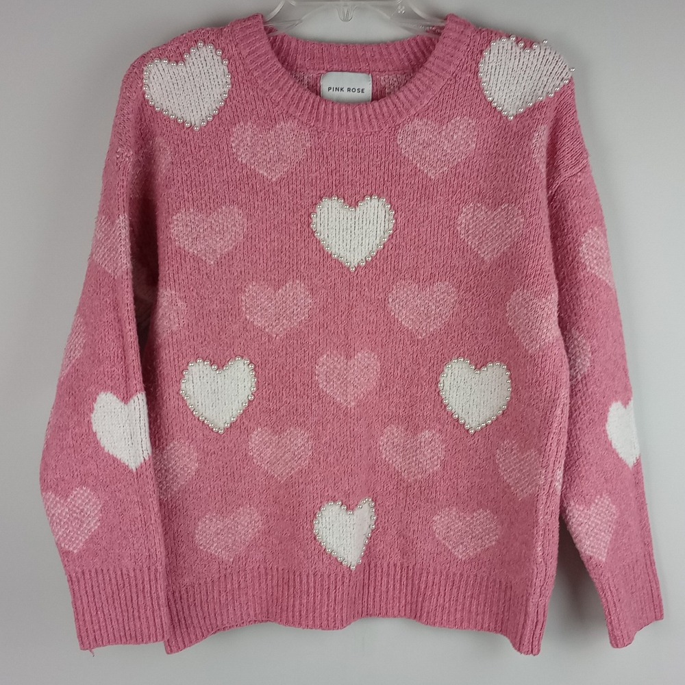 Pink Rose Womens XS Pink Faux Pearl Heart Intarsia Knit Soft Long Sleeve Sweater
